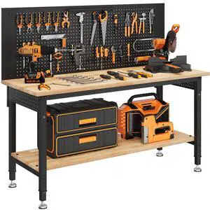 CAMMOO 60" Work Bench Adjustable Height with Storage Shelf, Max Load 2000 LBS Heavy Duty Rubberwood Tabletop with Pegboard, LED Light, Built-in Power Strip for Woodworking Shop, Garage, Home CAMMOO 60" Work Bench Adjustable Height with Storage Shelf, Max Load 2000 LBS Heavy Duty Rubberwood Tabletop with Pegboard, LED Light, Built-in Power Strip for Woodworking Shop, Garage, Home