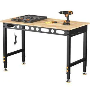 CAMMOO 48 Inch Adjustable Workbench 2000 LBS Capacity, Power Strip, Solid Rubber Wood Top, Heavy Duty Craft Work Table for Home, Garage, Workshop, and Office CAMMOO 48 Inch Adjustable Workbench 2000 LBS Capacity, Power Strip, Solid Rubber Wood Top, Heavy Duty Craft Work Table for Home, Garage, Workshop, and Office