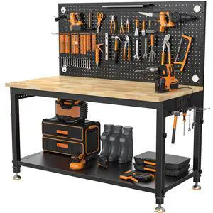 CAMMOO 48" Heavy Duty Work Bench Adjustable Height Max Load 2000 LBS with Storage Shelf for Garage Workbench, Rubberwood Tabletop with Pegboard, LED Light, Built-in Power Strip for Woodworking Shop CAMMOO 48" Heavy Duty Work Bench Adjustable Height Max Load 2000 LBS with Storage Shelf for Garage Workbench, Rubberwood Tabletop with Pegboard, LED Light, Built-in Power Strip for Woodworking Shop