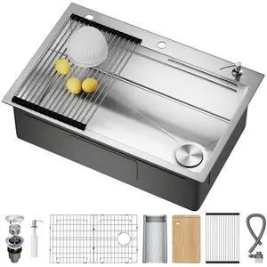 CAMMOO 33X22 Drop In Kitchen Sink with Pop-Up Drain, 304 Stainless Steel Workstation Sink, Upgraded Fast Drain, Topmount Single Bowl with Accessories, Foldable Grid for Easy Cleaning CAMMOO 33X22 Drop In Kitchen Sink with Pop-Up Drain, 304 Stainless Steel Workstation Sink, Upgraded Fast Drain, Topmount Single Bowl with Accessories, Foldable Grid for Easy Cleaning