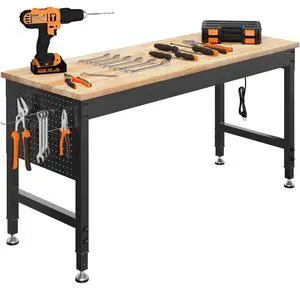 CAMMOO 60" Adjustable Heavy Duty Workbench, 2000 LBS Load Capacity Rubber Wood Work Table with Pegboard, Power Outlets, Work Bench for Garage, Workshop, Office, Home, Commercial CAMMOO 60" Adjustable Heavy Duty Workbench, 2000 LBS Load Capacity Rubber Wood Work Table with Pegboard, Power Outlets, Work Bench for Garage, Workshop, Office, Home, Commercial
