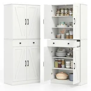 Giantex 72" Tall Kitchen Pantry Cabinet, Modern Farmhouse Pantry Storage Cabinet with 4 Barn Doors, Adjustable Shelves & Drawer, Buffet Cupboard with Living Room, Dining Room, Bathroom, White Giantex 72" Tall Kitchen Pantry Cabinet, Modern Farmhouse Pantry Storage Cabinet with 4 Barn Doors, Adjustable Shelves & Drawer, Buffet Cupboard with Living Room, Dining Room, Bathroom, White