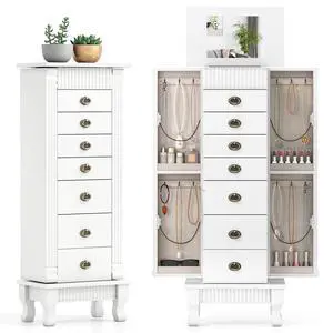Giantex Standing Jewelry Cabinet with 7 Drawers, Flip-Top Mirror, 2 Side Doors with 12 Necklace Hooks, Divided Ring Compartments, Velvet-Lined Jewelry Armoire Organizer Chest (White) Giantex Standing Jewelry Cabinet with 7 Drawers, Flip-Top Mirror, 2 Side Doors with 12 Necklace Hooks, Divided Ring Compartments, Velvet-Lined Jewelry Armoire Organizer Chest (White)