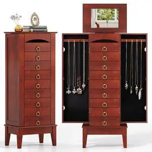 Giantex Standing Jewelry Cabinet with 9 Drawers, Flip Top Mirror, 2 Side Doors with Necklace Hooks, Top Divided Tray with Ring Slots, Velvet-Lined Jewelry Armoire Organizer Storage Chest, Cherry Giantex Standing Jewelry Cabinet with 9 Drawers, Flip Top Mirror, 2 Side Doors with Necklace Hooks, Top Divided Tray with Ring Slots, Velvet-Lined Jewelry Armoire Organizer Storage Chest, Cherry