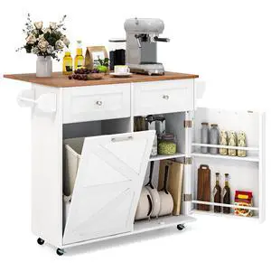Giantex Kitchen Island Cart with Hidden Tilt Out Trash Can Cabinet, Drop Leaf, 2 Drawers, Towel Rack, Rolling Mobile Breakfast Bar Table, Wood Kitchen Storage Cart on Wheels (White & Natural) Giantex Kitchen Island Cart with Hidden Tilt Out Trash Can Cabinet, Drop Leaf, 2 Drawers, Towel Rack, Rolling Mobile Breakfast Bar Table, Wood Kitchen Storage Cart on Wheels (White & Natural)