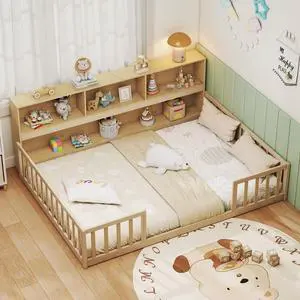 Giantex Full Size Floor Bed for Kids, Wooden Montessori Bed Frame with Bookcase, Storage Shelves & Safety Fence Rails, Floor Beds Full for Girls, Boys, No Box Spring Needed, Without Slats, Natural Giantex Full Size Floor Bed for Kids, Wooden Montessori Bed Frame with Bookcase, Storage Shelves & Safety Fence Rails, Floor Beds Full for Girls, Boys, No Box Spring Needed, Without Slats, Natural