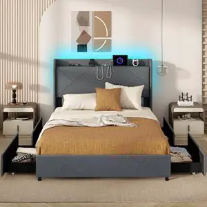Giantex Queen Bed Frame with 4 Storage Drawers & LED Lights, Upholstered Platform Bed with Wingback Headboard & Charging Station, Wooden Slats, Easy Assembly, Grey Giantex Queen Bed Frame with 4 Storage Drawers & LED Lights, Upholstered Platform Bed with Wingback Headboard & Charging Station, Wooden Slats, Easy Assembly, Grey