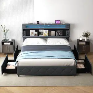 Giantex Queen Bed Frame with Storage Headboard and 4 Drawers, Modern Upholstered Platform Bed with Charging Station & Led Lights, Queen Storage Bed w/Wood Slat Support, No Box Spring Needed, Grey Giantex Queen Bed Frame with Storage Headboard and 4 Drawers, Modern Upholstered Platform Bed with Charging Station & Led Lights, Queen Storage Bed w/Wood Slat Support, No Box Spring Needed, Grey