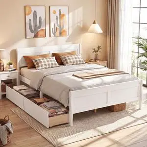 Giantex Queen Bed Frame with 2 Storage Drawers, Wood Platform Bed w/Headboard & Footboard, Wooden Slats Support Mattress Foundation, Sleigh Bedframe for Teens Adults, No Box Spring Needed (White) Giantex Queen Bed Frame with 2 Storage Drawers, Wood Platform Bed w/Headboard & Footboard, Wooden Slats Support Mattress Foundation, Sleigh Bedframe for Teens Adults, No Box Spring Needed (White)
