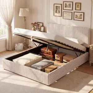 Giantex Queen Size Lift Up Storage Bed, Modern Corduroy Upholstered Platform w/Wingback Headboard, Hydraulic Support, Queen Bed Frame with Storage, No Box Spring Needed (Beige) Giantex Queen Size Lift Up Storage Bed, Modern Corduroy Upholstered Platform w/Wingback Headboard, Hydraulic Support, Queen Bed Frame with Storage, No Box Spring Needed (Beige)
