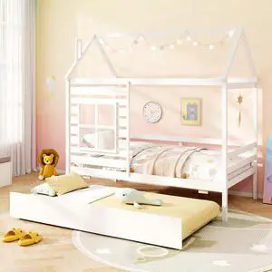 Giantex Twin House Bed with Trundle Bed Twin, Wooden Twin Bed Frames with Roof, Chimney & Window, Montessori House Bed with Safety Guardrails, House Trundle Bed for Kids, Boys, Girls, Teens (White) Giantex Twin House Bed with Trundle Bed Twin, Wooden Twin Bed Frames with Roof, Chimney & Window, Montessori House Bed with Safety Guardrails, House Trundle Bed for Kids, Boys, Girls, Teens (White)