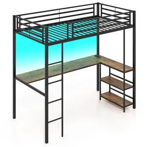 Giantex Twin Size Loft Bed with L-Shape Desk, LED Lights, Charging Station & 2 Storage Shelves, Metal Loft Bed with Safety Guardrail, No Box Spring Needed Giantex Twin Size Loft Bed with L-Shape Desk, LED Lights, Charging Station & 2 Storage Shelves, Metal Loft Bed with Safety Guardrail, No Box Spring Needed