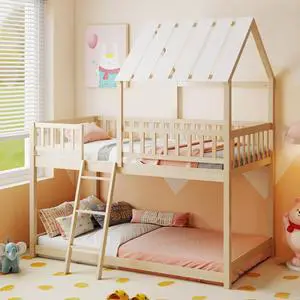Giantex Twin Over Twin House Bunk Bed, Low Loft Bed Frame with Roof, Wood Bunk Bed with Ladder & Full-Length Guardrails, Twin Floor Bed for Kids Teens Boys Girls, No Box Spring Needed (Natural) Giantex Twin Over Twin House Bunk Bed, Low Loft Bed Frame with Roof, Wood Bunk Bed with Ladder & Full-Length Guardrails, Twin Floor Bed for Kids Teens Boys Girls, No Box Spring Needed (Natural)