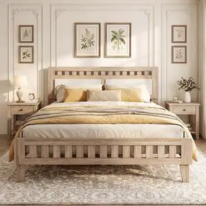 Giantex Wood Queen Size Bed Frame with Upholstered Headboard, Mid-Century Platform Bed w/Wooden Slat Support Mattress Foundation, Slatted Footboard, Under-Bed Storage Space, No Box Spring Needed, Oak Giantex Wood Queen Size Bed Frame with Upholstered Headboard, Mid-Century Platform Bed w/Wooden Slat Support Mattress Foundation, Slatted Footboard, Under-Bed Storage Space, No Box Spring Needed, Oak