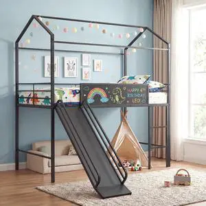 Giantex Twin Size House Loft Bed, Low Loft Bedframe w/Roof, Slide, Ladder, Chalkboard & Sturdy Metal Slats for Bedroom Dorm, Kids House Bed for Boys Girls, No Box Spring Needed (Black) Giantex Twin Size House Loft Bed, Low Loft Bedframe w/Roof, Slide, Ladder, Chalkboard & Sturdy Metal Slats for Bedroom Dorm, Kids House Bed for Boys Girls, No Box Spring Needed (Black)