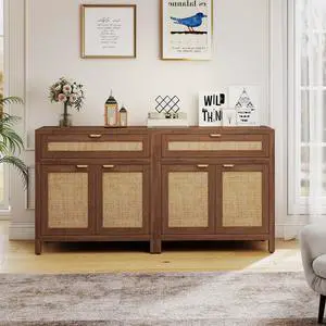 GIANTEX Set of 2 Rattan Sideboard Buffet Cabinet, Boho Buffet Sideboard with Storage Drawer, Doors & Adjustable Shelf, Credenza Storage Cabinet for Kitchen,Coffee Bar, Living Room, Brown+Natural GIANTEX Set of 2 Rattan Sideboard Buffet Cabinet, Boho Buffet Sideboard with Storage Drawer, Doors & Adjustable Shelf, Credenza Storage Cabinet for Kitchen,Coffee Bar, Living Room, Brown+Natural