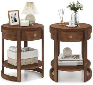 Giantex Round Side Table Set of 2, 2-Tier Wooden End Table with Drawer and Shelf, Vintage Wood Grain Finish, Retro Circle Night Stand for Living Room Bedroom, Walnut Giantex Round Side Table Set of 2, 2-Tier Wooden End Table with Drawer and Shelf, Vintage Wood Grain Finish, Retro Circle Night Stand for Living Room Bedroom, Walnut