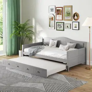 Giantex Twin Daybed with Trundle, Solid Wood Day Bed with Slats Support, Integrated Headboard & Armrests, Modern Trundle Bed Twin for Living Room, Bedroom, Guest Room, No Box Spring Needed, Grey Giantex Twin Daybed with Trundle, Solid Wood Day Bed with Slats Support, Integrated Headboard & Armrests, Modern Trundle Bed Twin for Living Room, Bedroom, Guest Room, No Box Spring Needed, Grey