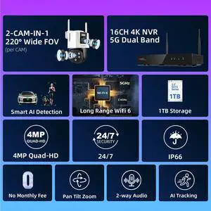 xmartO [8 Dual-Lens Camera Bundle 16-View Long Range WiFi6 Mesh Security System, 16CH 4K Dual Band NVR, 4MP 180°+Static FOV & 360°PTZ AI Tracking, 24/7 Plug-in Surveillance, 1TB HDD, No Monthly Fee xmartO [8 Dual-Lens Camera Bundle 16-View Long Range WiFi6 Mesh Security System, 16CH 4K Dual Band NVR, 4MP 180°+Static FOV & 360°PTZ AI Tracking, 24/7 Plug-in Surveillance, 1TB HDD, No Monthly Fee