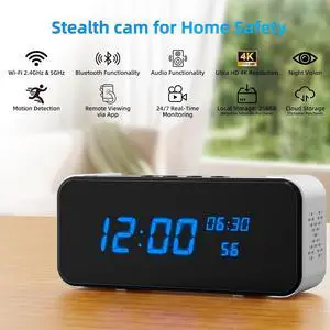 Wireless Indoor Hidden Camera for Home Security 3-in-1 Camera with Clock & Bluetooth Functionality 4K HD Night Vision, Motion Detection, Clock Hidden Camera Wireless Indoor Hidden Camera for Home Security 3-in-1 Camera with Clock & Bluetooth Functionality 4K HD Night Vision, Motion Detection, Clock Hidden Camera