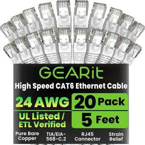 GEARit Cat 6 Ethernet Cable (20-Pack 5 Feet) Cat6 Network Patch, 10Gbps, RJ45, Snagless Cord, Gold-Plated Connectors, Internet for PC, TV, Tablet, Router, Printer, Servers, IT Data Center - White GEARit Cat 6 Ethernet Cable (20-Pack 5 Feet) Cat6 Network Patch, 10Gbps, RJ45, Snagless Cord, Gold-Plated Connectors, Internet for PC, TV, Tablet, Router, Printer, Servers, IT Data Center - White