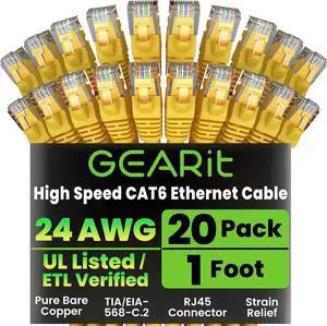 GearIT Cat 6 Ethernet Cable (20-Pack 1 Foot) Cat6 Network Patch, 10Gbps, RJ45, Snagless Cord, Gold-Plated Connectors, Internet for PC, TV, Tablet, Router, Printer, Servers, IT Data Center - Yellow GearIT Cat 6 Ethernet Cable (20-Pack 1 Foot) Cat6 Network Patch, 10Gbps, RJ45, Snagless Cord, Gold-Plated Connectors, Internet for PC, TV, Tablet, Router, Printer, Servers, IT Data Center - Yellow