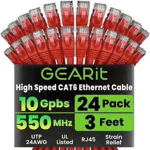 GearIT Cat 6 Ethernet Cable (24-Pack 3 Feet) Cat6 Network Patch, 10Gbps, RJ45, Snagless Cord, Gold-Plated Connectors, Internet for PC, TV, Tablet, Router, Printer, Servers, IT Data Center - Red GearIT Cat 6 Ethernet Cable (24-Pack 3 Feet) Cat6 Network Patch, 10Gbps, RJ45, Snagless Cord, Gold-Plated Connectors, Internet for PC, TV, Tablet, Router, Printer, Servers, IT Data Center - Red