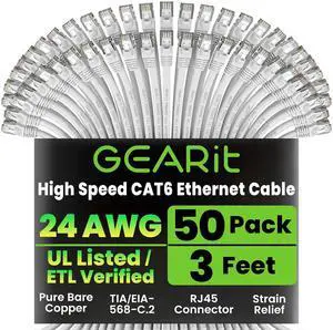 GEARit Cat 6 Ethernet Cable (50-Pack 3 Feet) Cat6 Network Patch, 10Gbps, RJ45, Snagless Cord, Gold-Plated Connectors, Internet for PC, TV, Tablet, Router, Printer, Servers, IT Data Center - White GEARit Cat 6 Ethernet Cable (50-Pack 3 Feet) Cat6 Network Patch, 10Gbps, RJ45, Snagless Cord, Gold-Plated Connectors, Internet for PC, TV, Tablet, Router, Printer, Servers, IT Data Center - White
