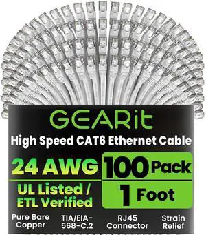 GEARit Cat 6 Ethernet Cable (100-Pack 1 Foot) Cat6 Network Patch, 10Gbps, RJ45, Snagless Cord, Gold-Plated Connectors, Internet for PC, TV, Tablet, Router, Printer, Servers, IT Data Center - White GEARit Cat 6 Ethernet Cable (100-Pack 1 Foot) Cat6 Network Patch, 10Gbps, RJ45, Snagless Cord, Gold-Plated Connectors, Internet for PC, TV, Tablet, Router, Printer, Servers, IT Data Center - White