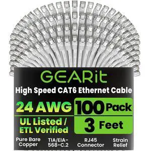 GEARit Cat 6 Ethernet Cable (100-Pack 3 Feet) Cat6 Network Patch, 10Gbps, RJ45, Snagless Cord, Gold-Plated Connectors, Internet for PC, TV, Tablet, Router, Printer, Servers, IT Data Center - White GEARit Cat 6 Ethernet Cable (100-Pack 3 Feet) Cat6 Network Patch, 10Gbps, RJ45, Snagless Cord, Gold-Plated Connectors, Internet for PC, TV, Tablet, Router, Printer, Servers, IT Data Center - White