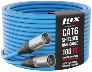 LyxPro 100 Feet Shielded CAT6 Ethercon Cable - Professional Audio & Lighting Stage Snakes RJ45 Cable, Studio-Grade Sound Transmission, Extreme Durability - Blue LyxPro 100 Feet Shielded CAT6 Ethercon Cable - Professional Audio & Lighting Stage Snakes RJ45 Cable, Studio-Grade Sound Transmission, Extreme Durability - Blue