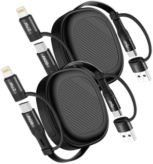 Retractable Fast Charging Cable 60W 2Pack 5 in 1 Multi Charging Cable 3.8Ft Multiple USB C Lightning Charger Cord with USB-A/C to C/L Port for iPhone 17 16 15 14 iPad  S24 S23 MacBook