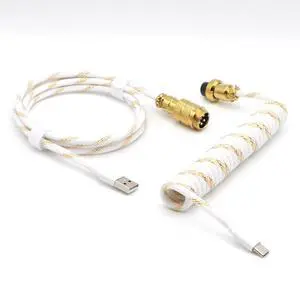 Reverse Coiled Type-C Cable for Gaming Keyboard, Double-Sleeved Mechanical Keyboard Cable with Gold Metal GX16 Aviator, 1.5M USB-C to USB-A (Gold White) Reverse Coiled Type-C Cable for Gaming Keyboard, Double-Sleeved Mechanical Keyboard Cable with Gold Metal GX16 Aviator, 1.5M USB-C to USB-A (Gold White)