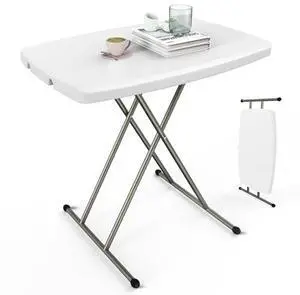 VINGLI Small Adjustable Folding Table, 13.8 in-28 in Height Personal Laptop TV Tray, HDPE Plastic Top with Steel Frame, 30 inch, White VINGLI Small Adjustable Folding Table, 13.8 in-28 in Height Personal Laptop TV Tray, HDPE Plastic Top with Steel Frame, 30 inch, White