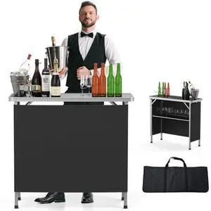 VINGLI Portable Bar Table, 2-Tier Shelves, Mobile Bar Table for Events, Party, Camping, Picnic, Tradeshow, Indoor with Black Skirt, 39 "L x 34" H VINGLI Portable Bar Table, 2-Tier Shelves, Mobile Bar Table for Events, Party, Camping, Picnic, Tradeshow, Indoor with Black Skirt, 39 "L x 34" H