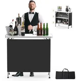 VINGLI Portable Bar Table, 3-Tier Shelves, Mobile Bar Table for Events, Party, Camping, Picnic, Tradeshow, Indoor with Black Skirt, 39 "L x 34" H VINGLI Portable Bar Table, 3-Tier Shelves, Mobile Bar Table for Events, Party, Camping, Picnic, Tradeshow, Indoor with Black Skirt, 39 "L x 34" H