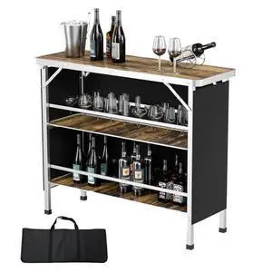 VINGLI 43" Portable Bar Table with Pole, 3-Tier Shelves, Mobile Bar Table for Events, Party, Camping, Picnic, Tradeshow, Indoor with Black Skirt VINGLI 43" Portable Bar Table with Pole, 3-Tier Shelves, Mobile Bar Table for Events, Party, Camping, Picnic, Tradeshow, Indoor with Black Skirt