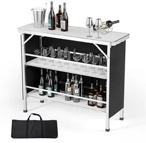 VINGLI 43" Portable Bar Table with Pole, 3-Tier Shelves, Mobile Bar Table for Events, Party, Camping, Picnic, Tradeshow, Indoor with Black Skirt VINGLI 43" Portable Bar Table with Pole, 3-Tier Shelves, Mobile Bar Table for Events, Party, Camping, Picnic, Tradeshow, Indoor with Black Skirt