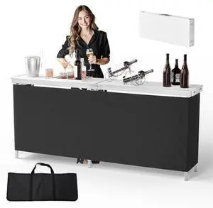 VINGLI 78" Portable Bar Table, 2-Tier Shelves, Mobile Bar Table for Events, Party, Camping, Picnic, Tradeshow, Indoor with Black Skirt VINGLI 78" Portable Bar Table, 2-Tier Shelves, Mobile Bar Table for Events, Party, Camping, Picnic, Tradeshow, Indoor with Black Skirt