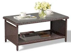 VINGLI Outdoor Wicker CoffeeTable Patio Coffee Tables for Outside, Tempered Glass Top Wicker Table with Storage Coffee Table for Patio Balcony Porch Deck (Brown) VINGLI Outdoor Wicker CoffeeTable Patio Coffee Tables for Outside, Tempered Glass Top Wicker Table with Storage Coffee Table for Patio Balcony Porch Deck (Brown)