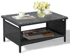 VINGLI Outdoor Wicker CoffeeTable Patio Coffee Tables for Outside, Tempered Glass Top Wicker Table with Storage Coffee Table for Patio Balcony Porch Deck (Black) VINGLI Outdoor Wicker CoffeeTable Patio Coffee Tables for Outside, Tempered Glass Top Wicker Table with Storage Coffee Table for Patio Balcony Porch Deck (Black)