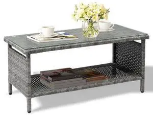 VINGLI Outdoor Wicker CoffeeTable Patio Coffee Tables for Outside, Tempered Glass Top Wicker Table with Storage Coffee Table for Patio Balcony Porch Deck (Gray) VINGLI Outdoor Wicker CoffeeTable Patio Coffee Tables for Outside, Tempered Glass Top Wicker Table with Storage Coffee Table for Patio Balcony Porch Deck (Gray)