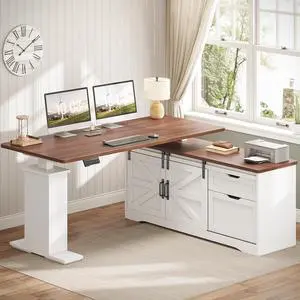 Farmhouse L Shaped Standing Desk, 55 inch Height Adjustable Corner Desk with Storage Drawers, Standing Computer Desks with Power Outlets for Home Office, White Farmhouse L Shaped Standing Desk, 55 inch Height Adjustable Corner Desk with Storage Drawers, Standing Computer Desks with Power Outlets for Home Office, White