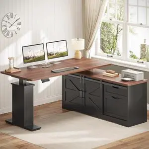 Farmhouse L Shaped Standing Desk, 55 inch Height Adjustable Corner Desk with Storage Drawers, Standing Computer Desks with Power Outlets for Home Office, Black Farmhouse L Shaped Standing Desk, 55 inch Height Adjustable Corner Desk with Storage Drawers, Standing Computer Desks with Power Outlets for Home Office, Black