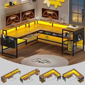 L Shaped Computer Desk, Reversible Computer Desks, L Shaped Desk with Power Outlets & LED Strip, Monitor Shelf, Keyboard Tray, Pegboard and Storage Shelves for Home Office, Rustic Brown L Shaped Computer Desk, Reversible Computer Desks, L Shaped Desk with Power Outlets & LED Strip, Monitor Shelf, Keyboard Tray, Pegboard and Storage Shelves for Home Office, Rustic Brown