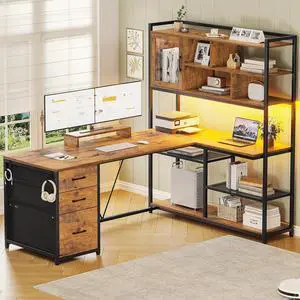 L Shaped Computer Desk, 58'' Office Desk with 3 Drawers and Bookshelf, L Shaped Corner Desk with Storage Shelves and LED Light for Home Office, Gaming Desk, L Desk, Rustic Brown L Shaped Computer Desk, 58'' Office Desk with 3 Drawers and Bookshelf, L Shaped Corner Desk with Storage Shelves and LED Light for Home Office, Gaming Desk, L Desk, Rustic Brown