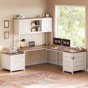 Farmhouse L Shaped Office Desk with 6 Drawer, Reversible Computer Desk with Power Outlet, Hutch for Home Office/Two Person, Corner Desk with File Drawer & Printer Storage Shelves, White Farmhouse L Shaped Office Desk with 6 Drawer, Reversible Computer Desk with Power Outlet, Hutch for Home Office/Two Person, Corner Desk with File Drawer & Printer Storage Shelves, White