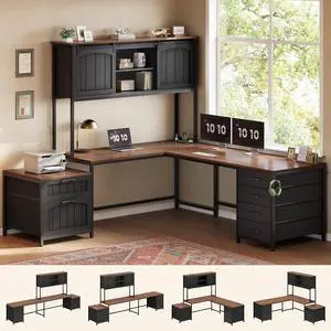 Farmhouse L Shaped Office Desk with 6 Drawer, Reversible Computer Desk with Power Outlet, Hutch for Home Office/Two Person, Corner Desk with File Drawer & Printer Storage Shelves, Black Farmhouse L Shaped Office Desk with 6 Drawer, Reversible Computer Desk with Power Outlet, Hutch for Home Office/Two Person, Corner Desk with File Drawer & Printer Storage Shelves, Black