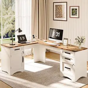 L Shaped Farmhouse Executive Desk with Drawers, 67" Home Office Desks with Fast Charging Station, Lockable File Cabinet, Wood Writing Computer Desk for Work, Study, White L Shaped Farmhouse Executive Desk with Drawers, 67" Home Office Desks with Fast Charging Station, Lockable File Cabinet, Wood Writing Computer Desk for Work, Study, White