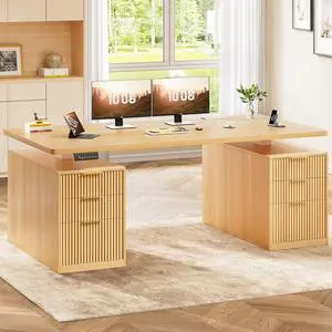 Electric Standing Desk with 6 Drawers, 55" Adjustable Stand up Desk with Storage, Fluted Computer Desks with Power Outlets for Home Office, Oak Electric Standing Desk with 6 Drawers, 55" Adjustable Stand up Desk with Storage, Fluted Computer Desks with Power Outlets for Home Office, Oak